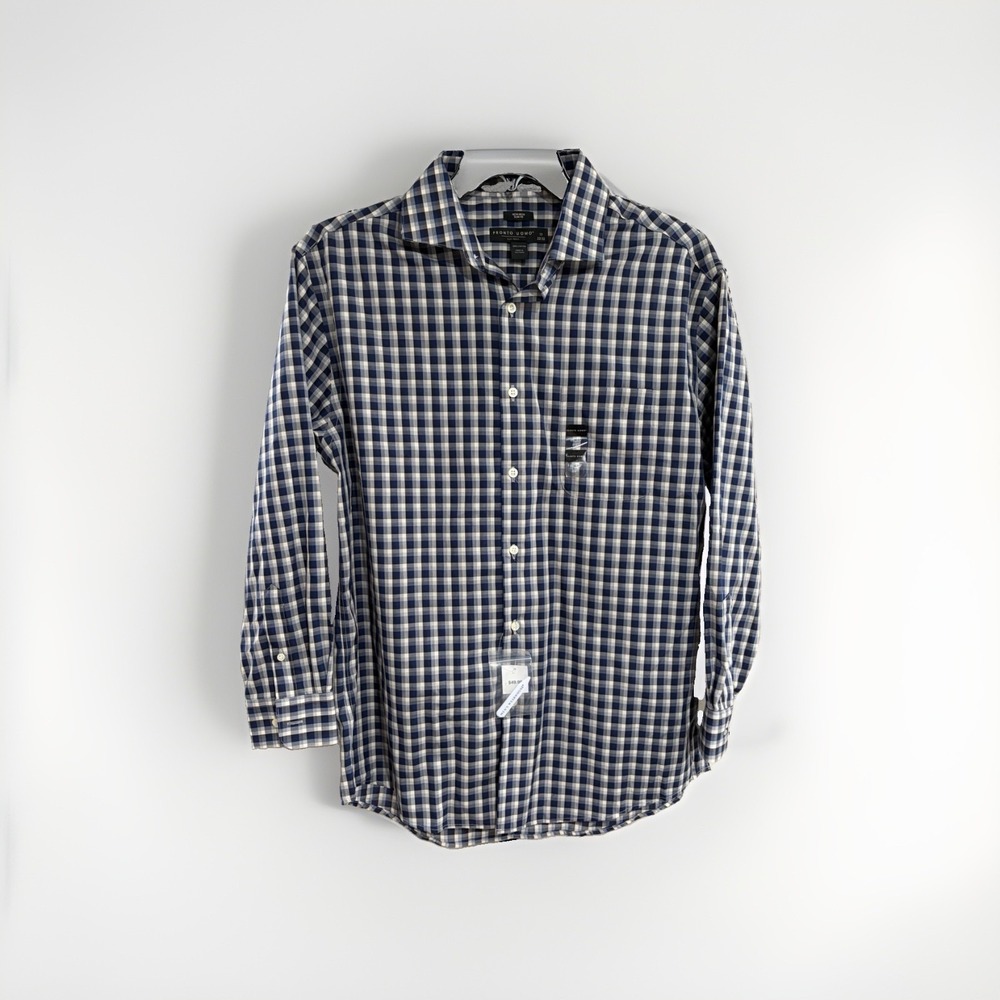 Pronto Uomo Dress Shirt Mens 17 32/33 Blue Check Slim Fit Non-Iron Cotton NEW 05